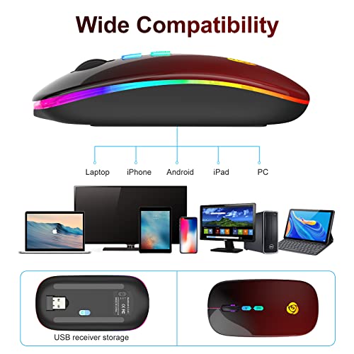 CC Store LED Wireless Mouse, Bluetooth Mouse &2.4GHz Instant Connection,Rechargeable Ultra Silent Slim,3 DPI 2 Connection Modes with USB-C to USB Adapter for Laptop/MacBook/PC/Tablet/iPad (Black-red) | Bluetooth mouse with 2.4GHz USB receiver, silent slim