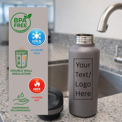 CUSTOM PRINTED 20 oz Vacuum Insulated Water Bottles Set of 12, Personalized Stainless Steel Water Bottle with Logo, Double Wall Copper Lined Insulated Bottle, Leak Resistant Narrow Mouth (Blue) - color: Blue