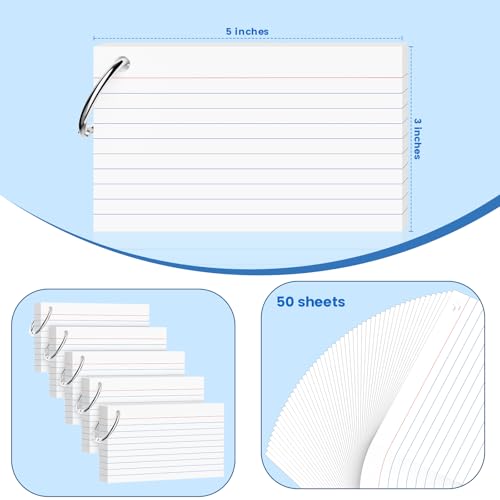 250 Count White Index Cards 3x5 Inch with Key Ring, 180gsm Heavyweight Flash Card (50 Sheets Each), Durable & Portable Note Taking for Students, Teachers, Study Note Cards for Office Home School - color: White 5 Pack