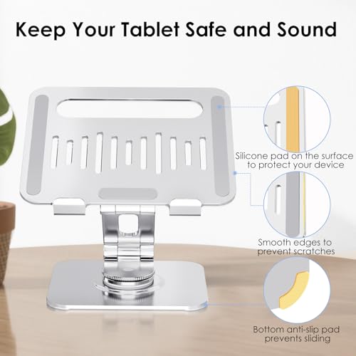 Tablet Stand, Aluminum 360° Rotating Holder Fits 4-13" Tablets | Foldable adjustable design, compatible for iPad Pro/Air/Mini, Surface Pro, Samsung Galaxy Tab, Kindle, silver