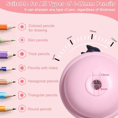 Rechargeable Electric Pencil Sharpener, 6-12mm Auto in & Out Fully Automatic Pencil Sharpener for Kids, Large Capacity Battery Powered, with Cartoon Stickers Ideal for Classroom & Home (Pink) - color: Pink