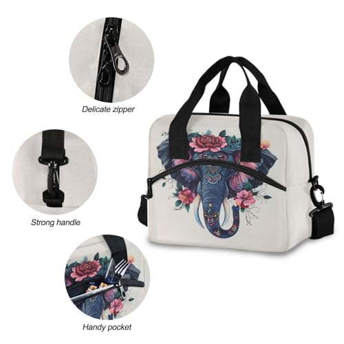 ALAZA Boho Elephant Insulated Lunch Bag Women Men Portable Reusable Cooler Lunch Tote Bag for Work Office Picnic College - color: Multi 07