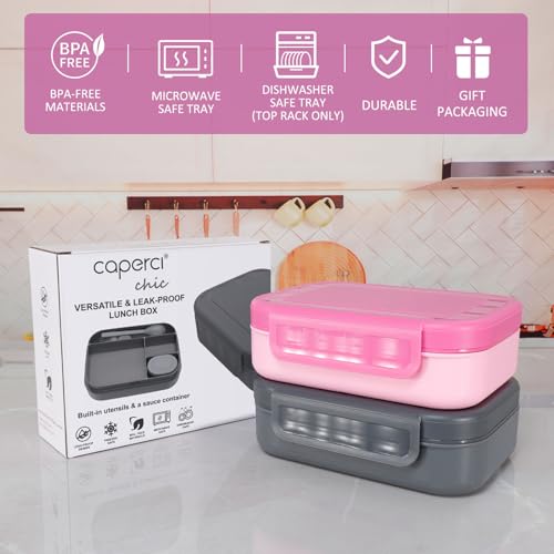 Caperci Stackable Bento Lunch Box for Adult & Teens - Reinforced Leak-Proof Lunch Container 4-Compartment with Utensils & Sauce Container, BPA-Free, Dishwasher/Microwave Safe, 47oz (Cherry Blossom) - color: Cherry Blossom