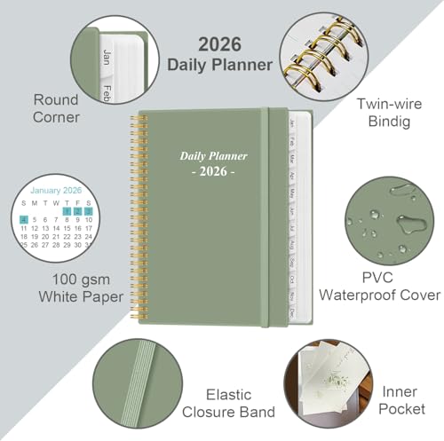 Daily Planner 2026 Full Page Per Day- 2026 Daily & Monthly Planner from January 2026 to December 2026, Day Planner 2026 with 12 Months Tabs, 8.5" x 11", Green - color: Green, size: 8.5" x 11"