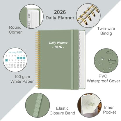 Daily Planner 2026 Full Page Per Day- 2026 Daily & Monthly Planner from January 2026 to December 2026, Day Planner 2026 with 12 Months Tabs, 8.5" x 11", Green - color: Green, size: 8.5" x 11"