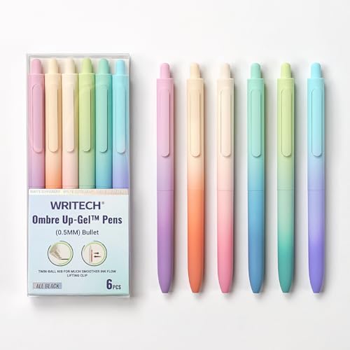 WRITECH Fine Point Gel Pens: 0.5mm Retractable Black Ink 6ct Smooth Writing No Bleed with Aesthetic Gradient Color Pen Barrel for Journaling Note Taking Sketching