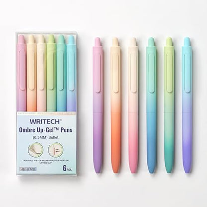 WRITECH Fine Point Gel Pens: 0.5mm Retractable Black Ink 6ct Smooth Writing No Bleed with Aesthetic Gradient Color Pen Barrel for Journaling Note Taking Sketching