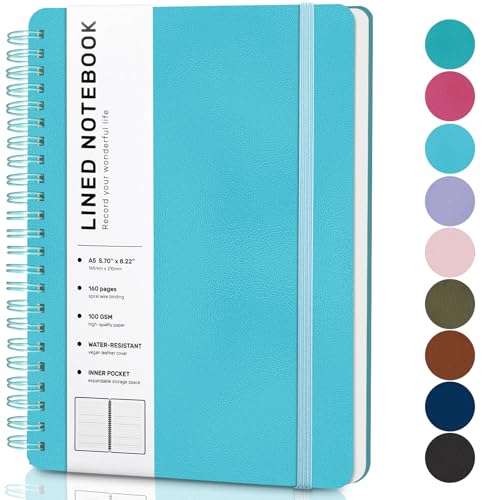 Lined Spiral Journal Notebook, A5 Hardcover Leather Notebook for Work, 5.7''×8.2'', 100GSM Thick Paper Spiral Bound Journaling Notebooks for Women & Men Office School Note Taking Business, Sky Blue - color: Sky Blue, size: A5