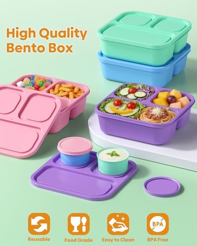 Canfanni 4 Pcs Bento Box Set, Reusable 3 Compartments Snack Boxes with 2 Leakproof Small Containers, Stackable Meal Prep Lunch Containers for School, Work, and Travel