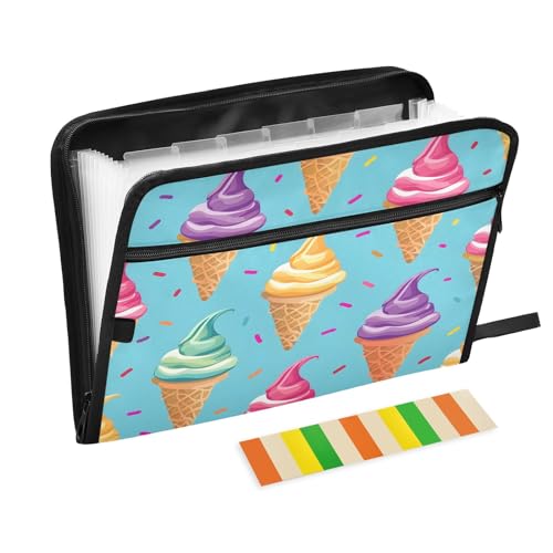 Ice Cream File Organizer 13 Pocket Expanding File Folder with Front Pouch Portable Business Fire Storage Document Organizer Folder with Zipper - color: Ice Cream