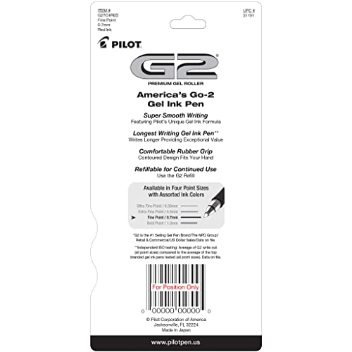 PILOT G2 Premium Gel Roller Pens,Fine Point 0.7 mm,Red Pens - Ideal for School,Journaling & Office Writing,(Pack of 8) - color: Red (Pack of 8)