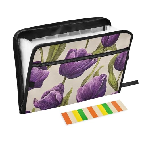 Expanding File Folder Purple Tulips Pattern Accordion File Organizer 13 Pockets Document Organizer with Zipper Labels A4 Letter Office Storage - color: Multi1