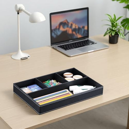 KINGFOM Pu Leather Desk Organizer Tray, 4 Compartment Office Storage Supplies Stationery Drawer Tray, Nightstand Bedside Tray for Key, Wallet, Sunglass, Watch, Coin, Phone Valet Tray Stackable Black - color: Black