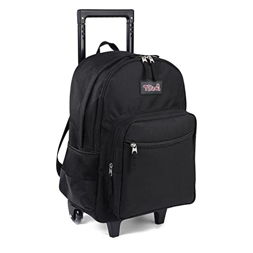 Tilami Rolling Backpack 18 inch Double Handle Wheeled Laptop Boys Girls Travel School Children Luggage Toddler Trip, Black - color: Black