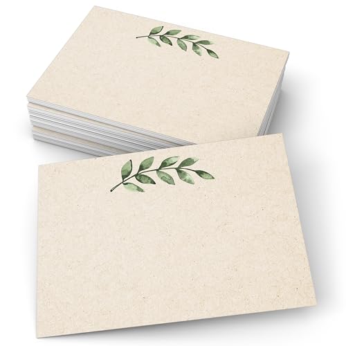 321Done Blank Greenery Note Cards, 5x7 Kraft - Made in USA, Thick, Heavy Cardstock, Pretty, Cute Simple Green Leaves Design, No Envelopes - Set of 50 - color: Greenery, Tan, size: 5x7, Horizontal
