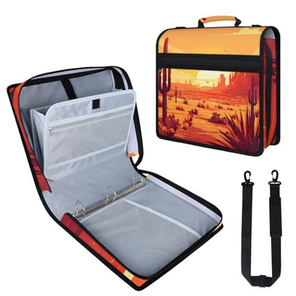 Desert Sunset Zipper Binder, 3 D-Ring Expanding File Folder with Handle & Adjustable Shoulder Strap, 400 Sheets Capacity Multi-Pocket Organizer for 13 Inch Laptop - color: Desert Sunset