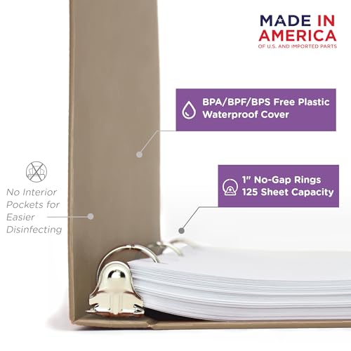 Carstens 1-Inch Heavy Duty 3-Ring Binder - Side Opening, Sand, Durable Plastic, No-Gap Rings, Waterproof Cover, No Pockets, Holds 125 US Letter Sheets, BPA-Free, Made in USA (8717-3R), Case of 18 - color: Taupe, size: Case of 18