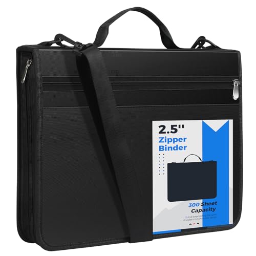 KTRIO 3 Ring Zipper Binder, 12 Tab Expanding File, 300 Sheets, Black | Durable Fabric Cover, 12 Tab Expanding File, 300 Sheet Capacity, Zipper Storage, Handle & Shoulder Strap