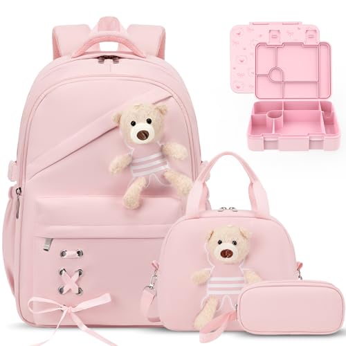 ACESAK Backpack for Girls with Bento Box - 4 PCS Cute Girls Backpack with Lunch Box, Pencil Case & Bento Box Set - 43oz Leakproof Lunch Box Kids Snack Containers Set Back to School Supplies (Pink) - color: Pink