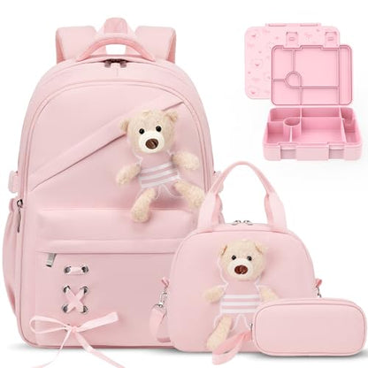 ACESAK Backpack for Girls with Bento Box - 4 PCS Cute Girls Backpack with Lunch Box, Pencil Case & Bento Box Set - 43oz Leakproof Lunch Box Kids Snack Containers Set Back to School Supplies (Pink) - color: Pink