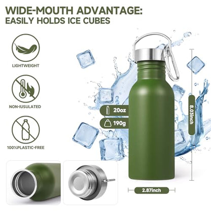 Volhoply 20oz Uninsulated Single Walled Water Bottle, Stainless Steel Reusable Water Bottles with Handle & Carabiner, BPA Free 18/8 304 Sports Water Bottles for Camping Hiking（Army Green,1） - color: Army Green