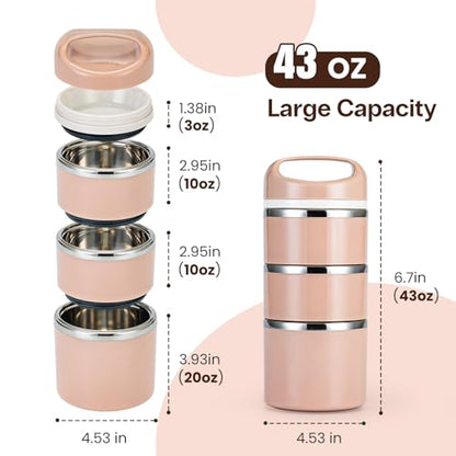 Lille Home Stackable Stainless Steel Thermal Compartment Lunch/Snack Box, 3-Tier Insulated Bento/Food Container with Lunch Bag and Three Extra Seals, 43OZ (Gold) - color: Gold