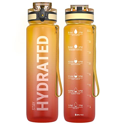 Sahara Sailor Water Bottle 32oz, Durable and Leakproof Water Bottles Motivational with Time Marker, Tritan, BPA Free, Wide Mouth with Easy Clean Brush for Gym, Travel, Home, School, Office (1 Bottle) - color: Fire, size: 33.8 Ounces