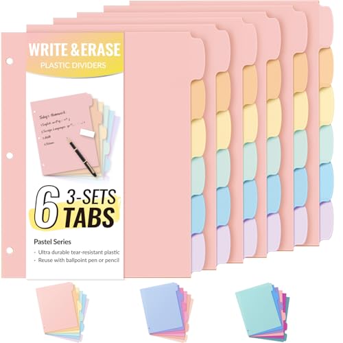 Sooez 6-Tab Durable Plastic Write & Erase BigTab Dividers for 3 Ring Binder | Aesthetic Cute Binder Dividers for Student, Teacher, Office, Home Organizers, 6 Sets - color: Pastels, size: 6 set