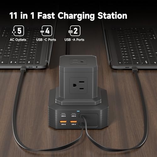 Charging Station (100W), 11-in-1 USB C Power Strip with Surge Protection, 6.6Ft Extension Cord, 4 USB C and 2 USB A Ports, 5 AC Outlets for Home Office Dorm Room - size: Retractable-Deck