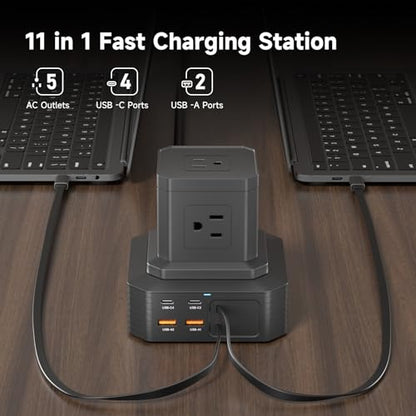 Charging Station (100W), 11-in-1 USB C Power Strip with Surge Protection, 6.6Ft Extension Cord, 4 USB C and 2 USB A Ports, 5 AC Outlets for Home Office Dorm Room - size: Retractable-Deck