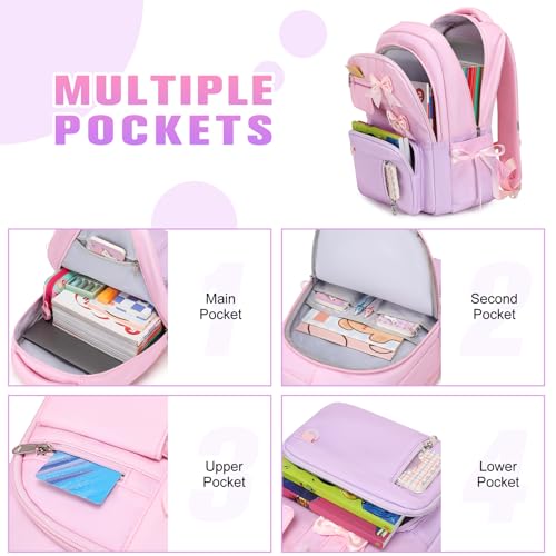 Bevalsa Backpack for Girls, Bow Kids Backpack with Bento Lunch Box, Insulated Bag & Utensils, 34oz Lunch Containers, Cute School Bookbag for Children Teens for Elementary Middle Student (Pink Purple) - color: Pink Purple