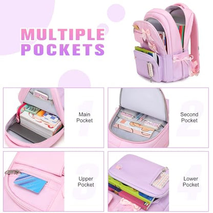 Bevalsa Backpack for Girls, Bow Kids Backpack with Bento Lunch Box, Insulated Bag & Utensils, 34oz Lunch Containers, Cute School Bookbag for Children Teens for Elementary Middle Student (Pink Purple) - color: Pink Purple