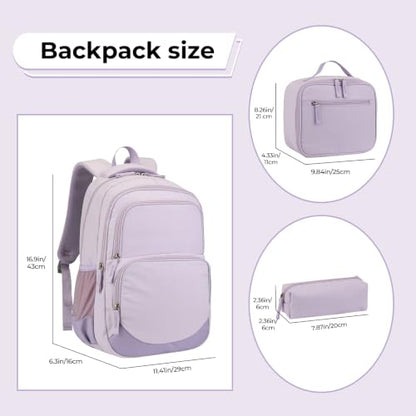 Glodwheat 3Pcs Backpack Set For Girls With Insulated Lunch Bag & Pencil Case, Lightweight Water-Resistant School Bookbag With 11 Compartments / 20L - color: Lavender