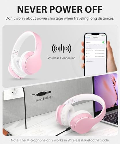 rockpapa E7 Over Ear Wireless Bluetooth Headphones with Mic Without Travel Case, Foldable Wired/Wireless Headphones with Microphone for Kids Childrens Boys Girls Teen Youth Adult Pink White - color: Pink White, style: without Case