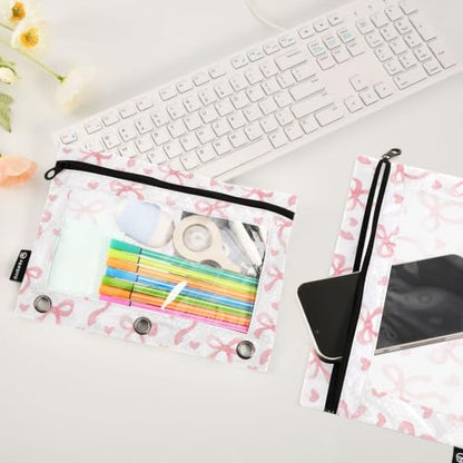 Pencil Pouch for 3 Ring Binder Cute Ribbon Bow Heart Binder Pencil Pouches Clear Window Zipper Pencil Case 2 Pack for Office School College Supplies - color: Cute Ribbon Bow Heart