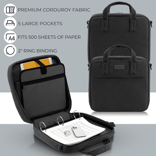 Sturdy 3-Ring Zipper Binder with Shoulder Strap for School – Beautiful 2-Inch Zip-Up Binder with Extra Pockets Holds 500 Sheets, Books & Laptop – Easy-to-Carry Trapper Keeper Made of Premium Fabric - color: Black