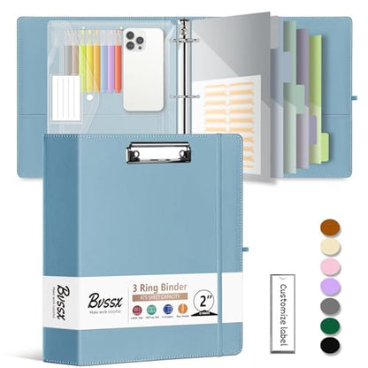 2 Inch 3 Ring Leather Binder Organizer, BVSSX Three Ring Binders with Clipboard, Plastic Folder, 5-Tabs Pocket Dividers with Sticker Labels, Pen Loop, Elastic Strap (Blue, Letter Size) - color: 4-blue, size: 2in（Letter Size）