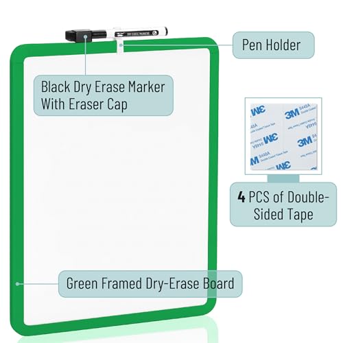 Mr. Pen- Dry Erase Board, 14” x 11” with a Black Dry Erase Marker | Green Frame, Small Mini White Board for Students, Fridge, Wall, Locker, Includes Double Sided Tapes - color: Green 2