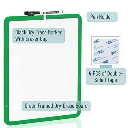 Mr. Pen- Dry Erase Board, 14” x 11” with a Black Dry Erase Marker | Green Frame, Small Mini White Board for Students, Fridge, Wall, Locker, Includes Double Sided Tapes - color: Green 2