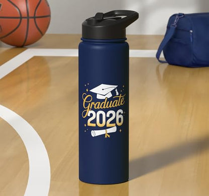 Graduate 2026 for class of 2026 graduation Stainless Steel Insulated Water Bottle - color: Navy Blue