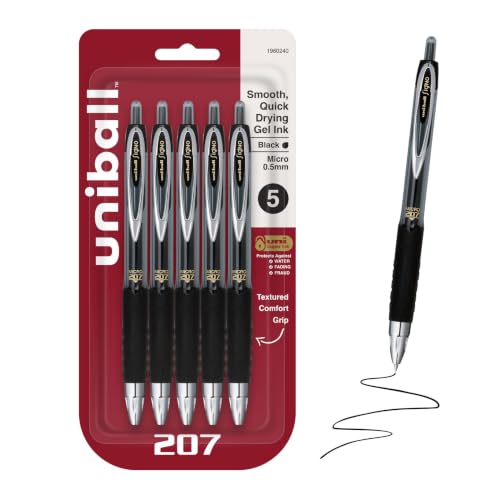 uniball™ 207 Gel Pens, Black Ink, 0.5mm Micro Point, Retractable, 5 Count | Smooth Writing, Fraud-Resistant, uni Super Ink™