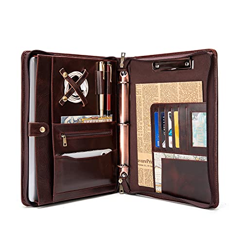 YIWEN Handmade Leather Portfolio with Handle, 3 Ring Binder, Zippered Padfolio for 13" Tablet, 8.5 x 11 Notepad, Professional Business Document Organizer (Dark Brown, Oil Wax Leather) - color: Dark Brown, Oil Wax Leather, size: Standard