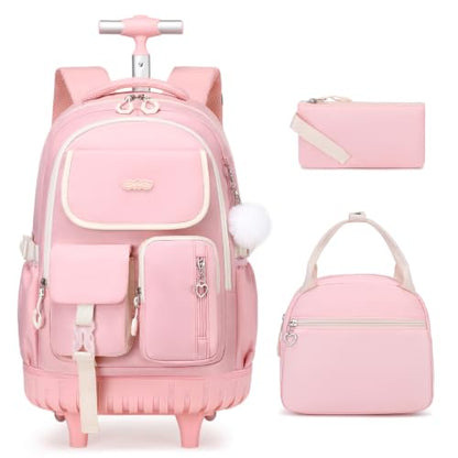 DIGOBAY Rolling Backpack for Girls, Girls Roller Backpack with Lunch Bag and Pencil Case, School Bookbag with Wheels for Elementary Middle High School Travel, Pink - color: Pink