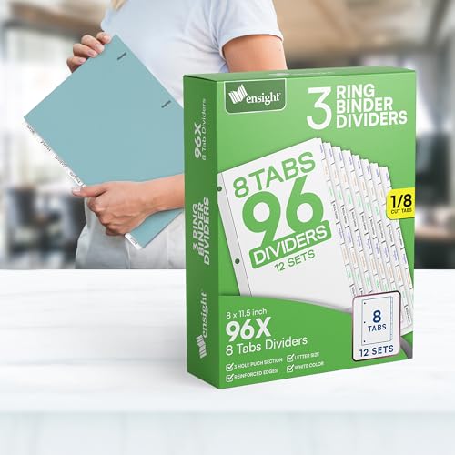 Ensight 3 Ring Page Dividers Bulk, 1/8 Cut Tab Dividers - 96 Per Box Divider Pages with Tabs, Decorative Printable Rewritable Divider Tabs, Exhibit Tab Dividers for 3 Ring Binders Bulk - size: 8 Tabs With 12 Sets