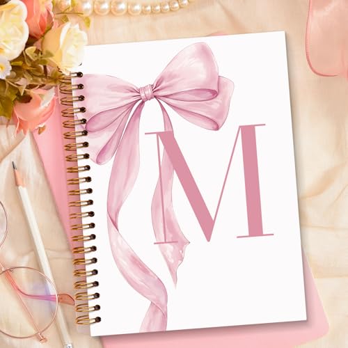 JXREQ Coquette Pink Bow Personalized Notebook, Initial Letter M Monogram Journal, Preppy Girly Ribbon Bow Journal, Monogrammed Gifts for Women, Aesthetic Spiral Notebook 5.5x8.3 - color: Mpink