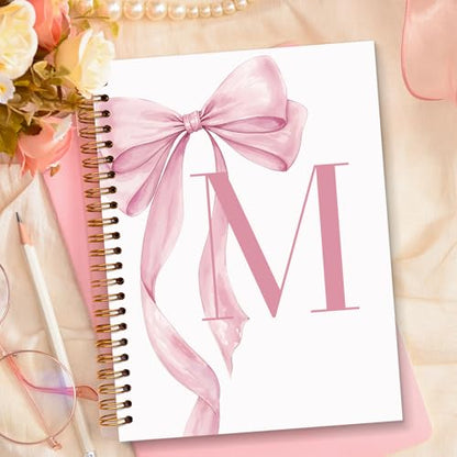 JXREQ Coquette Pink Bow Personalized Notebook, Initial Letter M Monogram Journal, Preppy Girly Ribbon Bow Journal, Monogrammed Gifts for Women, Aesthetic Spiral Notebook 5.5x8.3 - color: Mpink