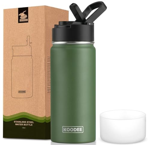 koodee Water Bottle-16 oz Stainless Steel Double Wall Vacuum Insulated Sports Water Bottle with Straw for Girls and Boy (Grass Green) - color: grass-green-A, size: 16 Ounces