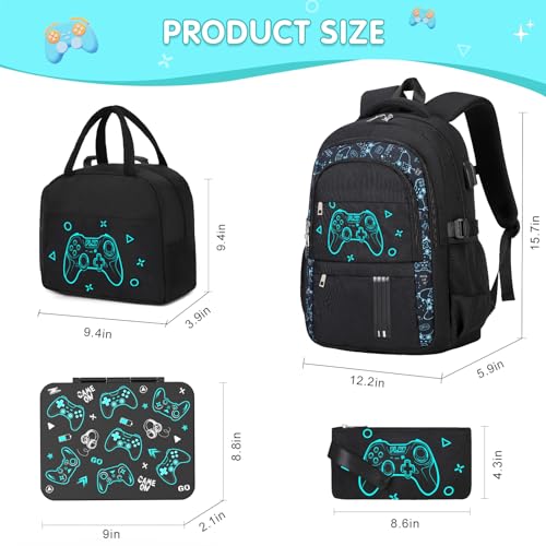 ACESAK Boys Backpack - Black Game Console Bento Box with Insulated Lunch Bag Pencil Case & Utensils Set for Kids, 6 Leakproof Compartments Removable Tray Lunches or Snack Container - color: Black Game Console
