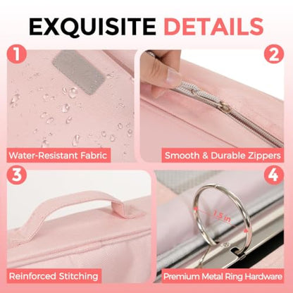 SKYDUE Zipper Binder with Handle, 1.5 Inch 3 Ring, Pink | 550-Sheet Capacity, 5-Tab Dividers Expanding File Folder with Pockets, Cute Organizer Storage for School Supplies - color: Pink