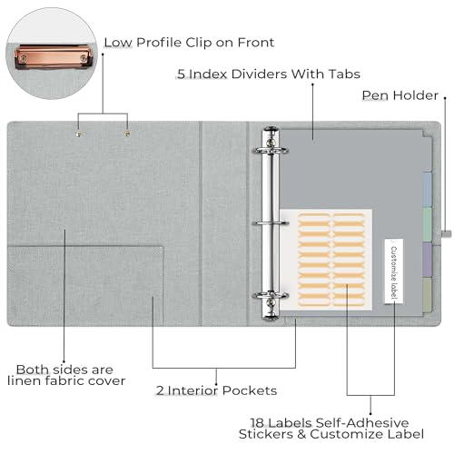 EYROZILL 3 Ring Binder 2 Inch, Binder for Letter Size (11" x 8.5") with 5 Tab Dividers, File Folder Labels and Low Profile Clipboards, Grey Rose - color: Light Grey Rose, size: ‎Letter Size - 2 Inch